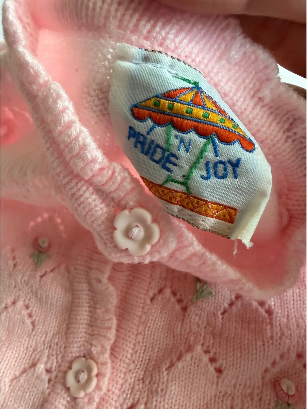 Vintage Y2K Pride & Joy Pink Pointelle Knit Floral Cardigan Sweater 2T/3T